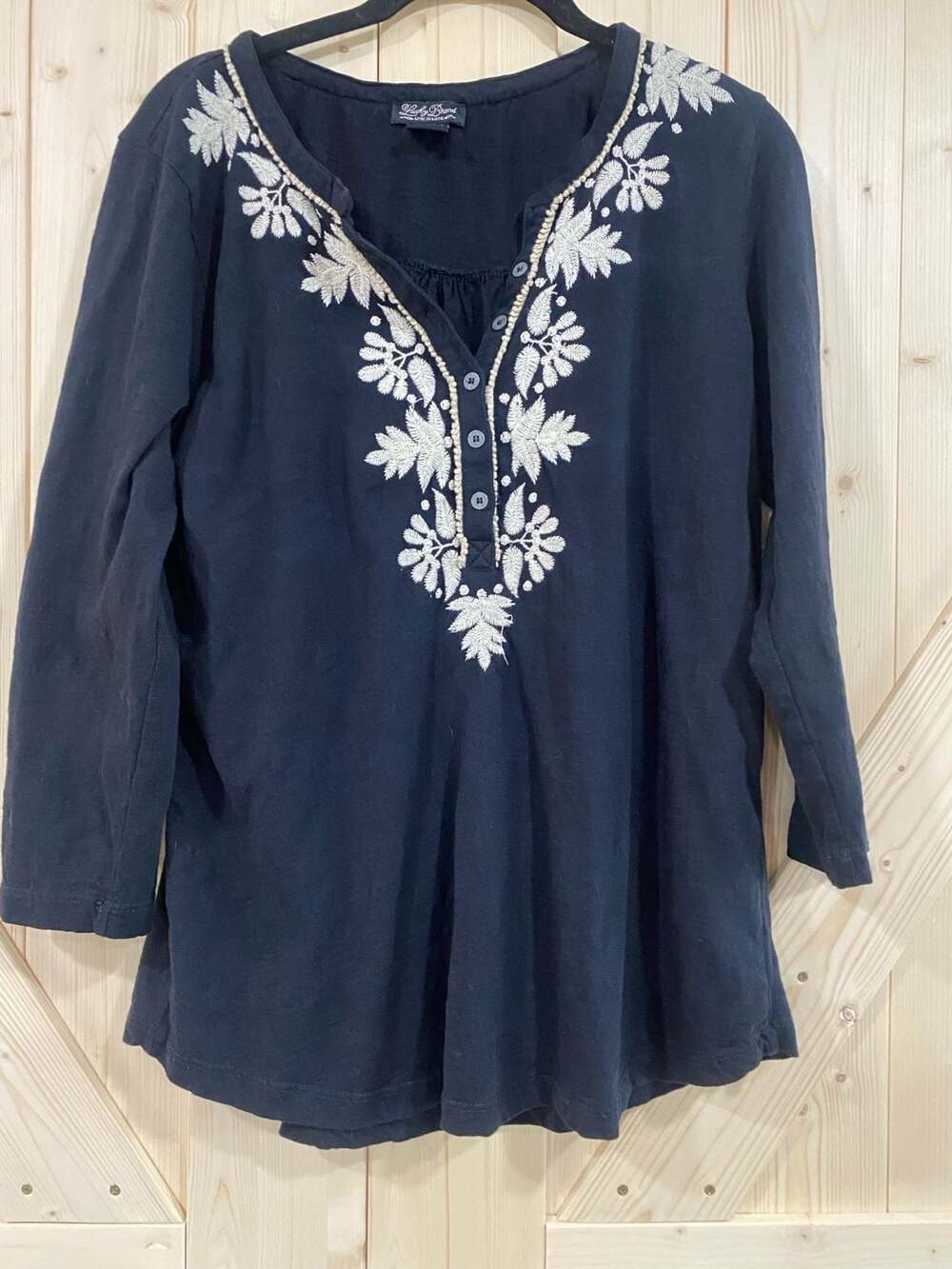 Lucky Brand Live In Love Navy Blue Embroidered Button-Down Top Size XL
